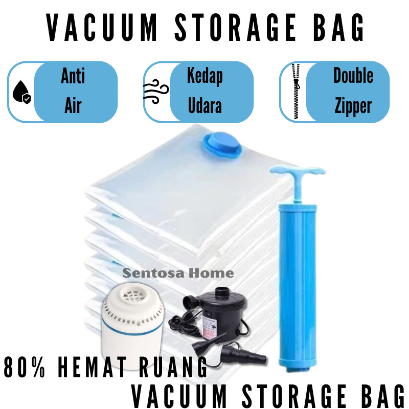 Plastik vakum serbaguna, vakum storage bag, penyimpanan vakum praktis, pompa manual, pompa elektrik
