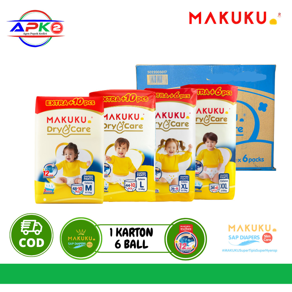 MAKUKU Dry Care Pants M48+10 L44+10 XL36+6 XXL34+6 1 Karton / 1 Dus isi Popok Bayi Celana