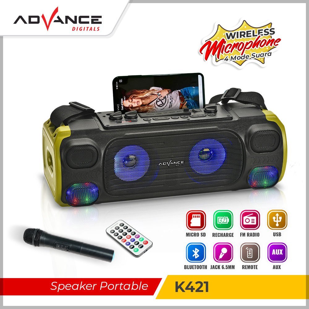 Speaker Karaoke Portable Bluetooth Advance K421 Plus Microphone Wireless Salon Mini dengan Tali Sele