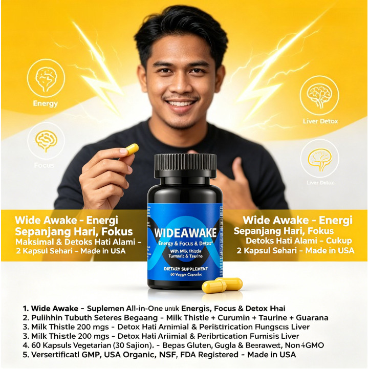 Wide Awake Energy Focus Detox Milk Thistle Turmeric Taurine Dukung Liver & Stamina 60 Kapsul LY41610