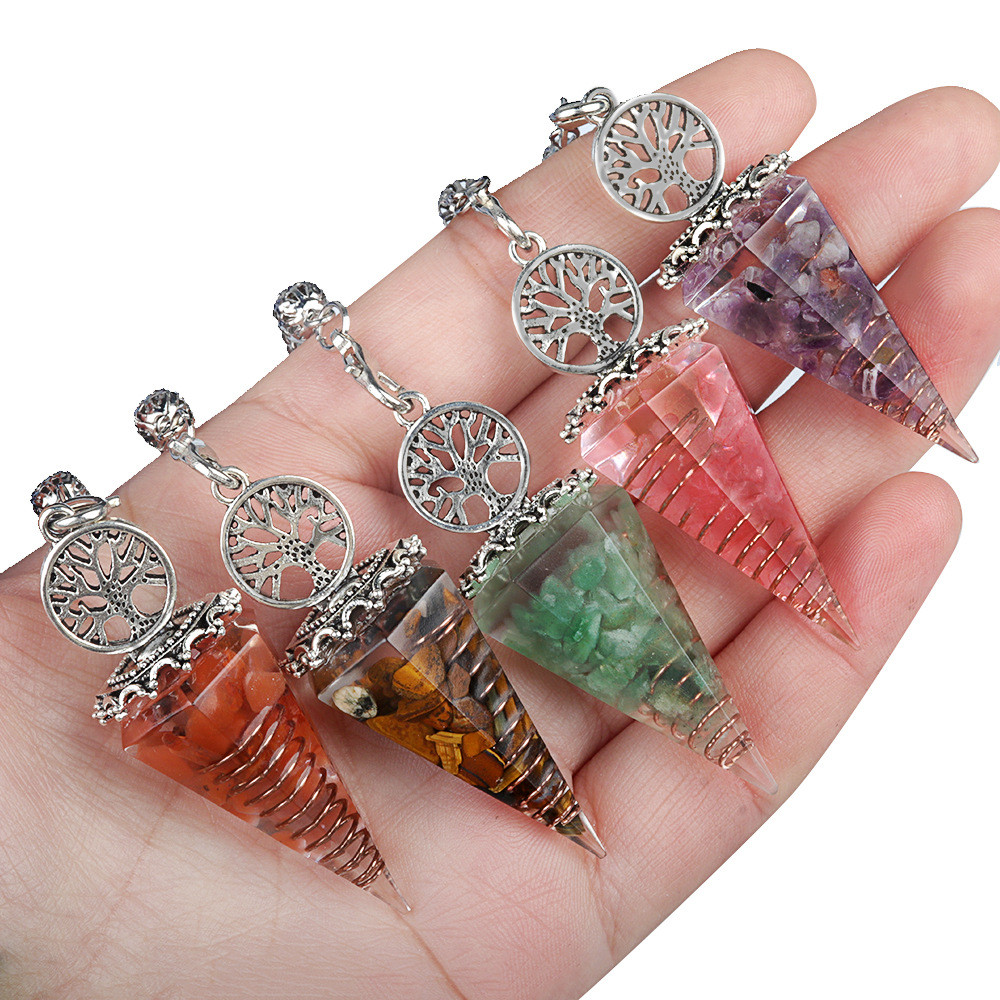 1769-Pohon Kehidupan, pendulum kerikil resin, batu akik kristal, liontin pendulum kerucut heksagonal