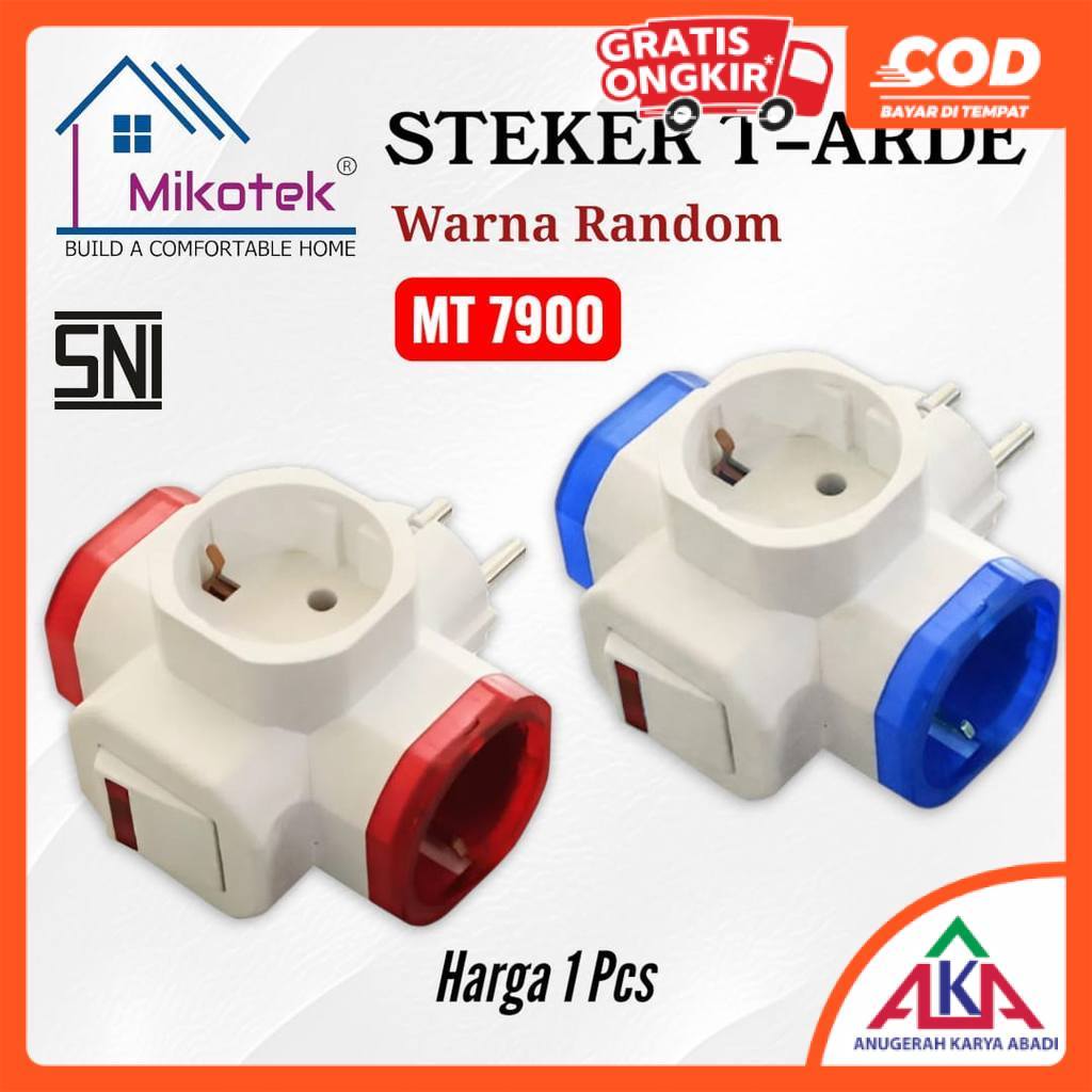 MIKOTEK Steker T-Arde MT 7900 Stop Kontak Cabang 3 Saklar 10A Warna Terminal Kuningan SNI - Random