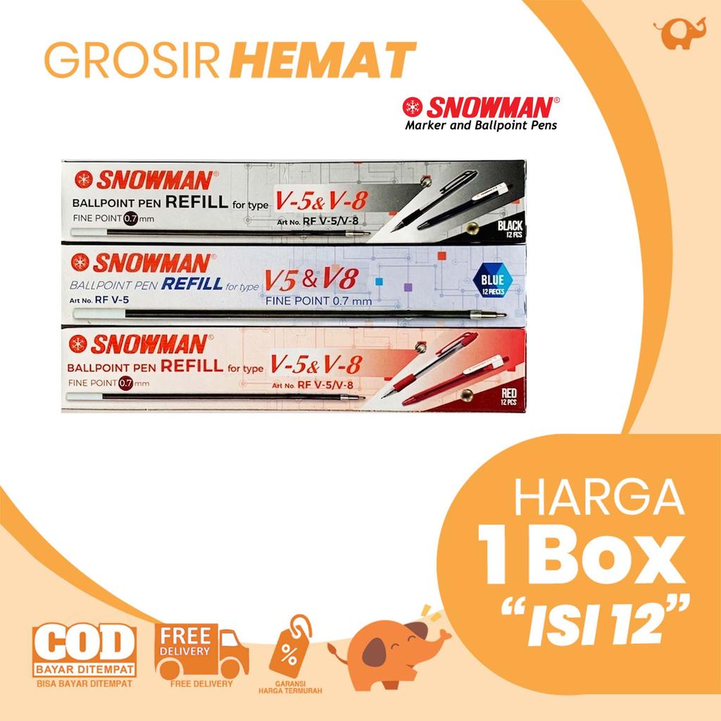 DIJUAL LUSINAN Snowman Refill Pulpen V5 0.7mm Black Blue Red / Isi Ulang Ballpoint Pena Hitam, Biru 