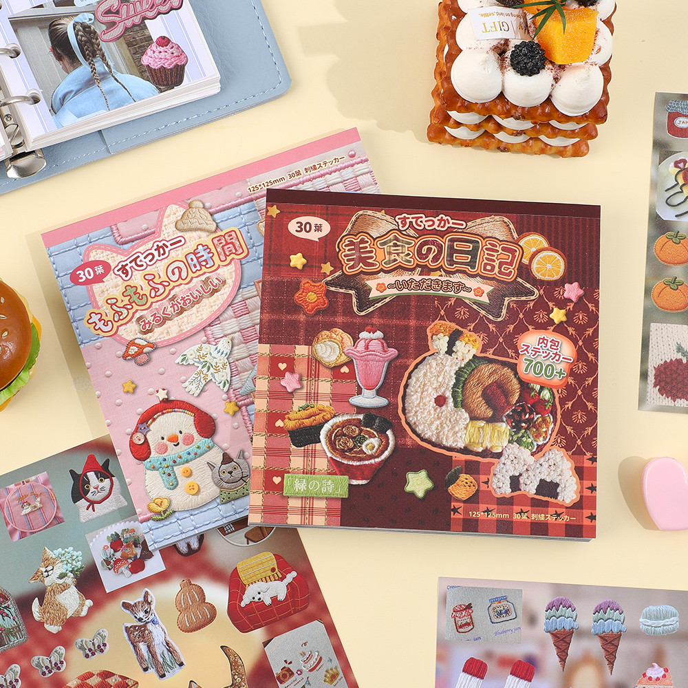 30 Sheets Embroidery Style Stickers Book With Kawaii Food Animal Embossed Design for Scrapbooking Jo