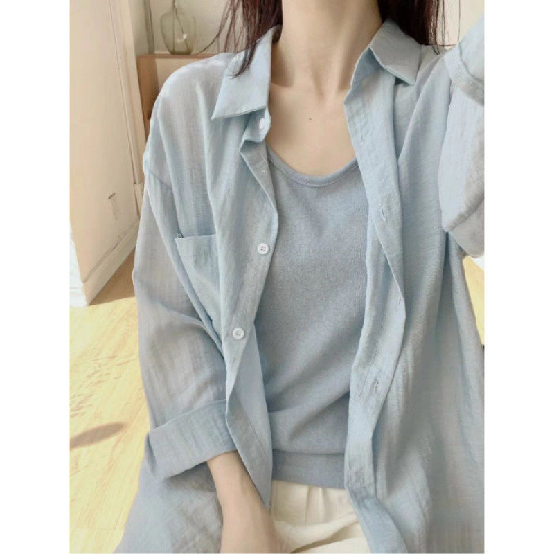 Kemeja Pelindung Matahari Lengan Panjang Katun Linen Biru Wanita Berkualitas Tinggi