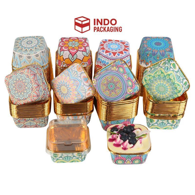 INDO PACKAGING Kertas Kotak Kue Roti Dessert Metalic Motif Batik Diluar |  Square Cupcake Box