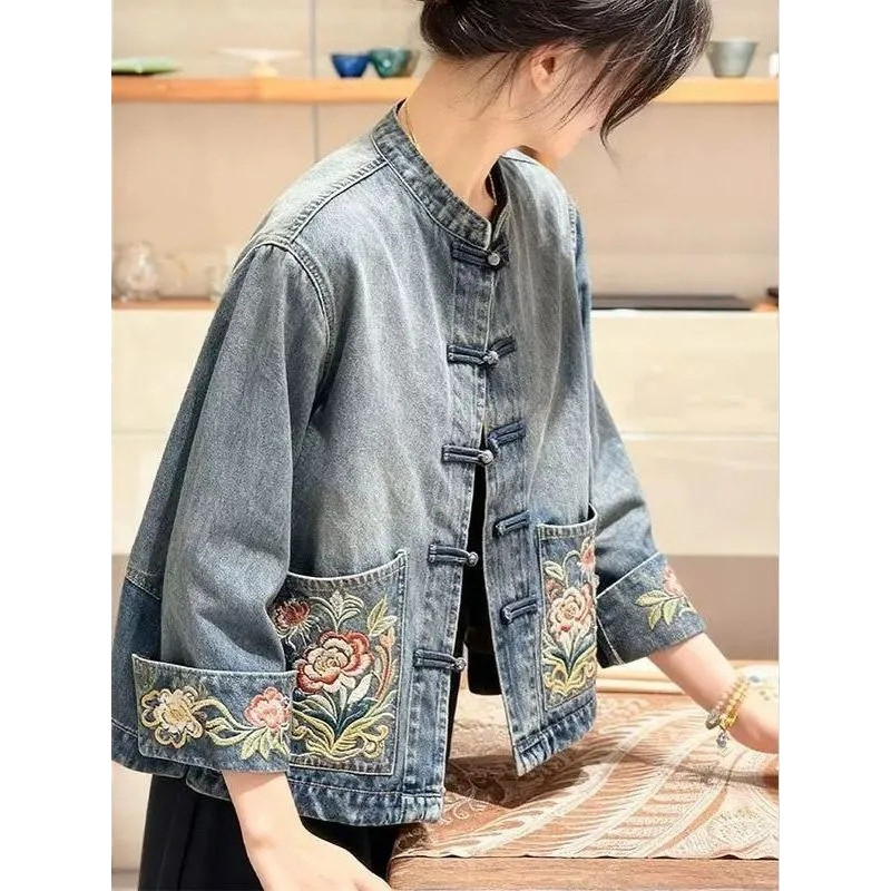 Jaket Denim Bordir Gaya Cina Baru