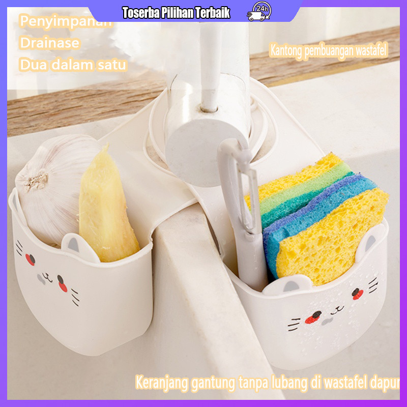 Keranjang pembuangan wastafel, tas gantung, keran, rak penyimpanan spons pencuci piring, perlengkapa