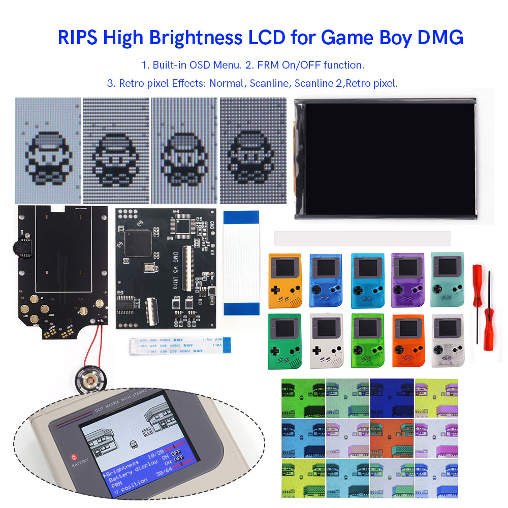 Hispeedo GBO V5 Pro OSD FRM IPS Backlight Menu RIPS 36 Color Kit For GameBoy DMG GBO GB Console W/ s