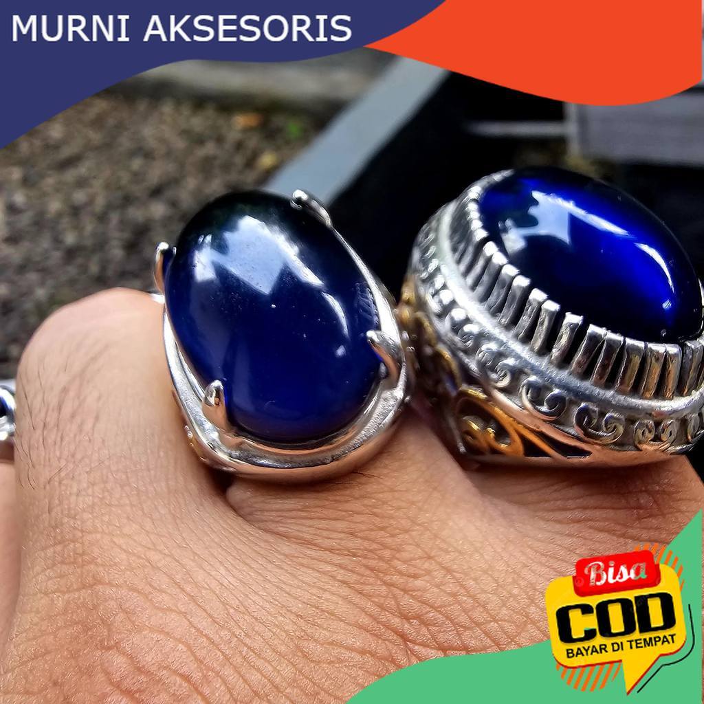 Murni Aksesoris. Cincin Pria Blue King Safir Ukuran Jumbo / Batu Besar dengan Ring Titanium Anti Kar
