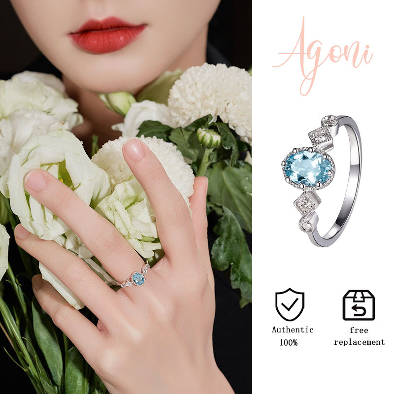 Cincin Terbuka Topaz Biru Laut yang Sederhana dan Elegan