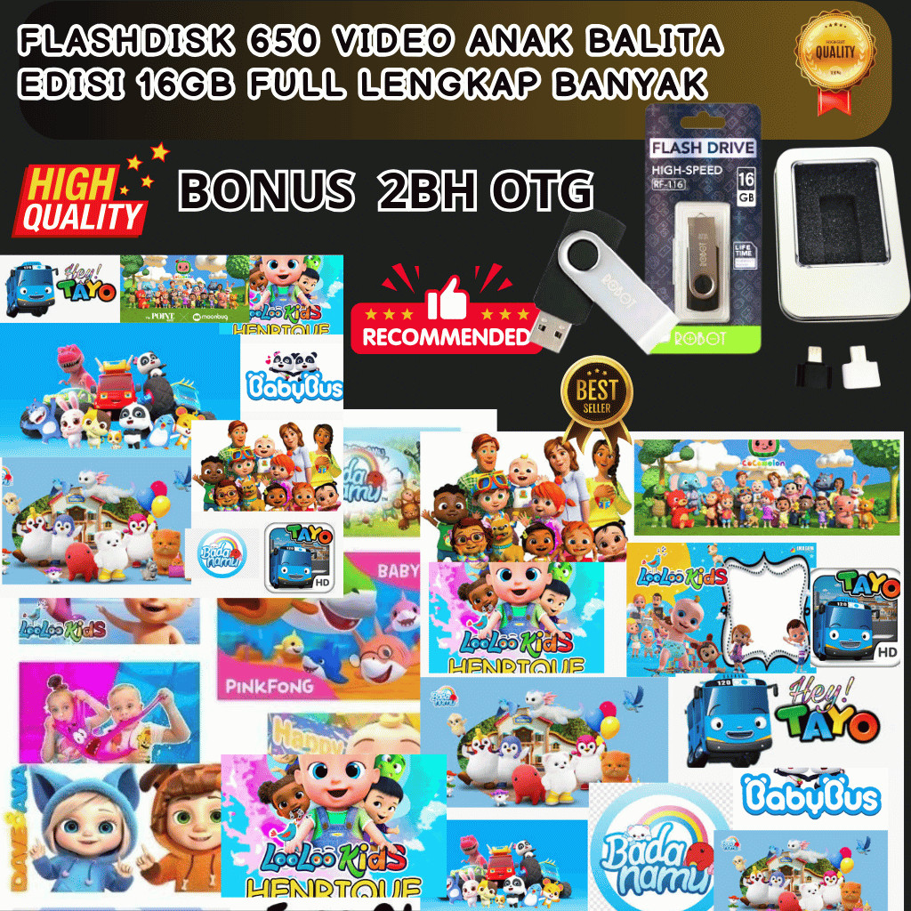 Flashdisk 16GB Video Anak Balita Edukasi Cocomelon Pinkfong + 2 OTG HP