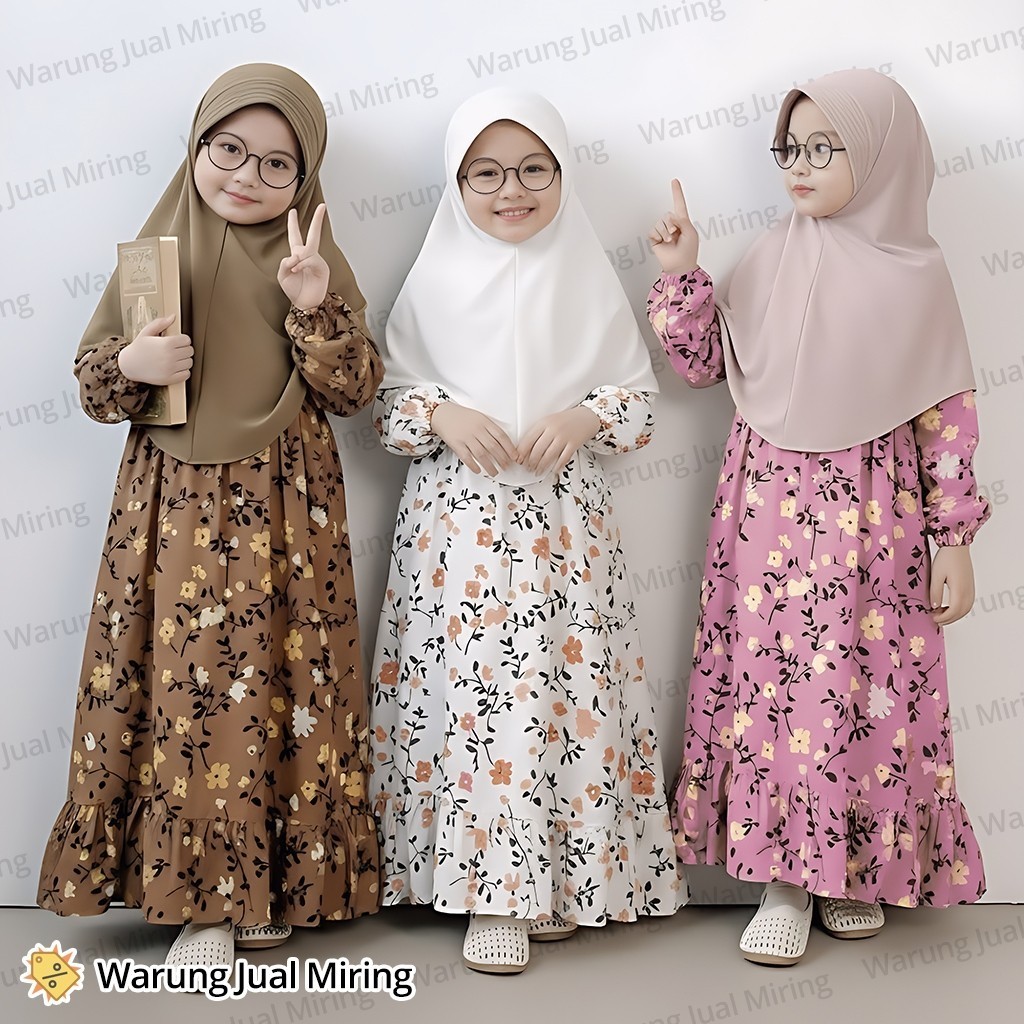 Gamis Anak Perempuan Rayon Motif Bunga 2-12 Tahun Dress Setelan Baju Muslim Cewek Balita TK SD SMP H
