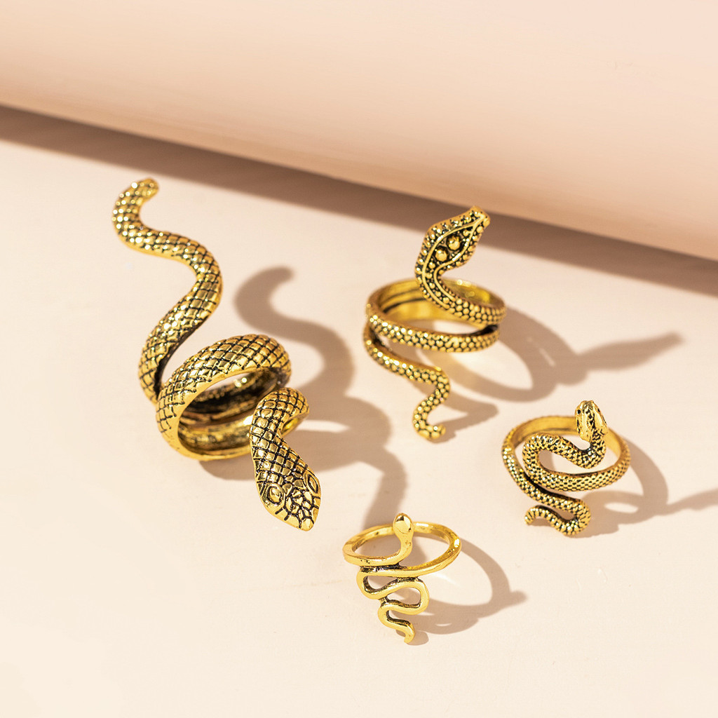 Set cincin berbentuk ular, set cincin perak kuno berbentuk ular berwarna emas dan perak dengan motif