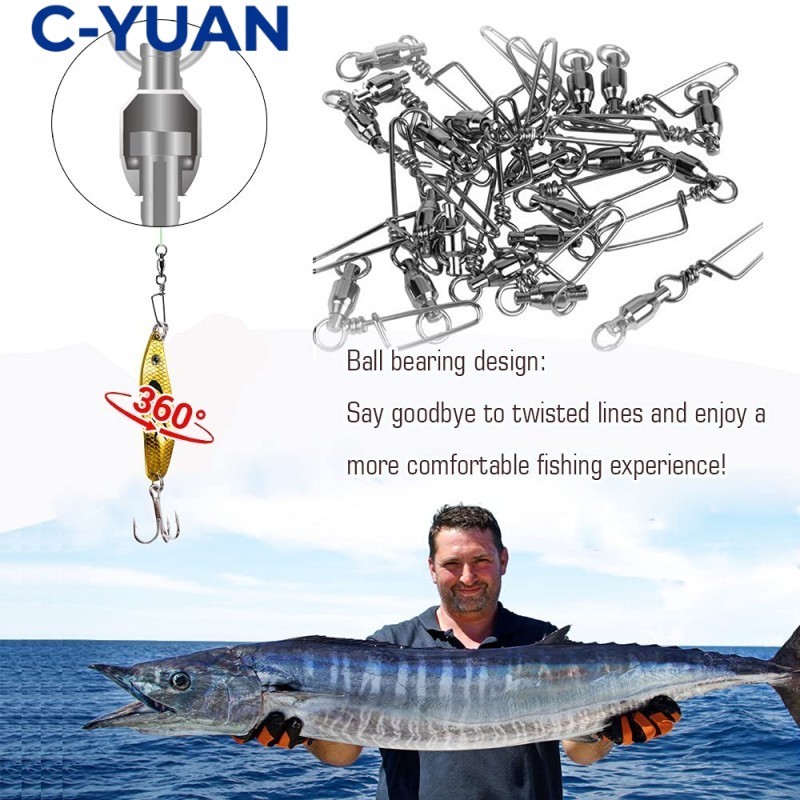 c-yuan Swivel Putar Lancar Bahan Stainless Steel Konektor Pancing Ikan Kili Kili Snap Besar Kecil