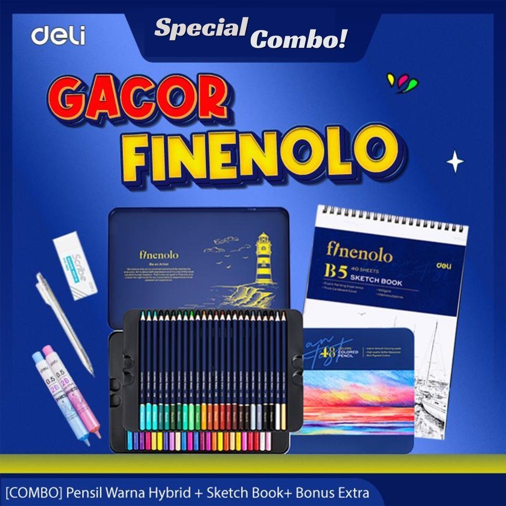 Finenolo Combo GACOR Pensil Warna Hybrid + SketchBook Free Pensil Mekanik, Isi Pensil Mekanik dan Pe