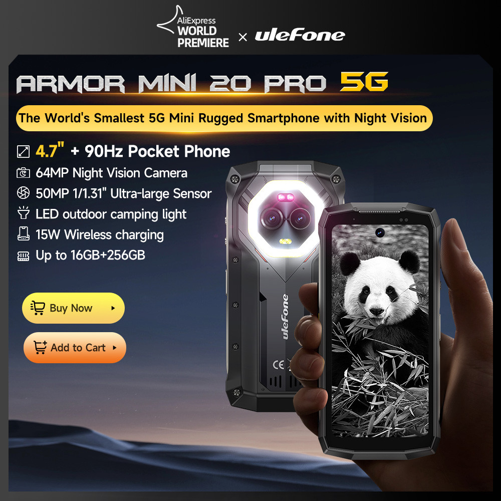 Ulefone Armor Mini 20 Pro 5G Ponsel Tangguh 4.7" Kamera Malam 64MP Smartphone Android 14 6200mAh 16G