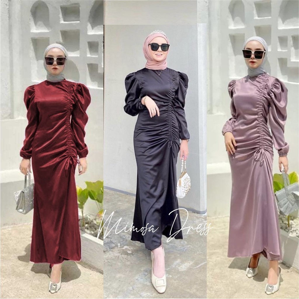 Mimosa Dress Satin Silk Serut Samping Dress Premium  Gamis Wanita Kondangan Dress Bridesmaid (Gery)