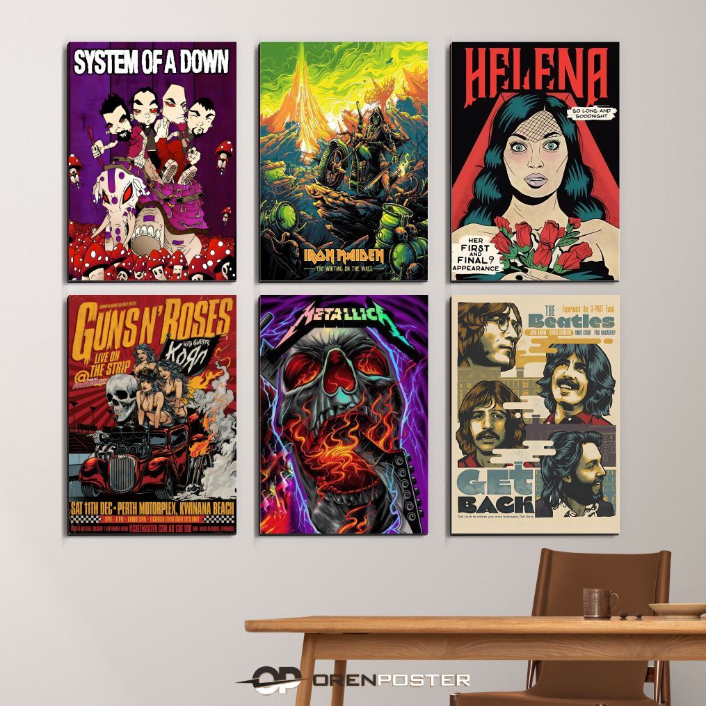 Poster Dinding Kayu 30x45 A3+ the beatles metallica blink 182 helena, gnr, soad, linnkinpark chester