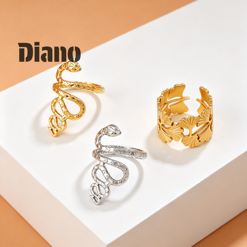[ Diano ]Cincin Baja Titanium Daun Ginkgo Pria Wanita Cincin Terbuka Tidak Beraturan Bentuk Ular Ema