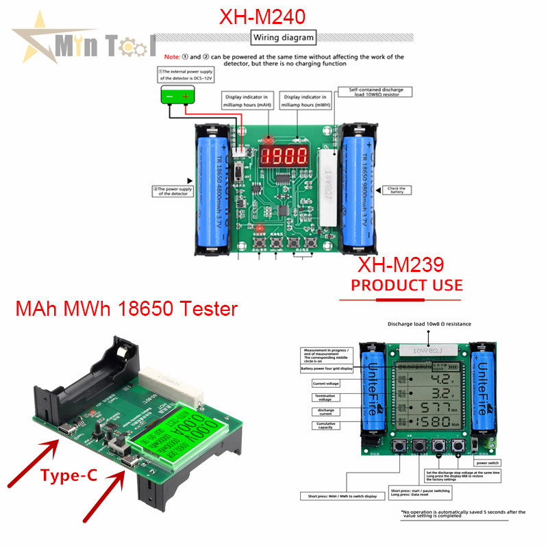 XH-M240/XH-M239 /Type-C LCD say Battery Capacity Tester MAh MWh 18650 Lithium Battery gital Measurem