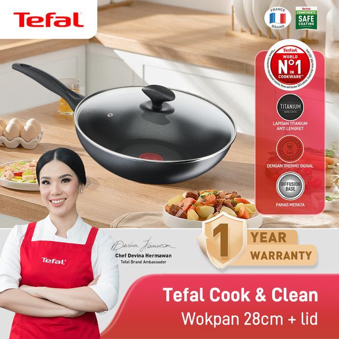 Tefal Wajan Penggorengan Anti Lengket Cook & Clean Wokpan 28cm + Tutup