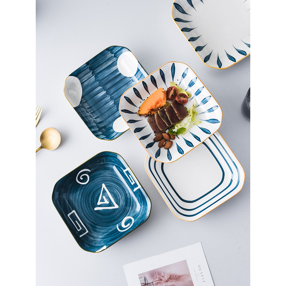 RoyalHuis Piring Makan Keramik KOTAK dan Piring Saji KOTAK Keramik Motif Jepang yang Tahan Panas dan