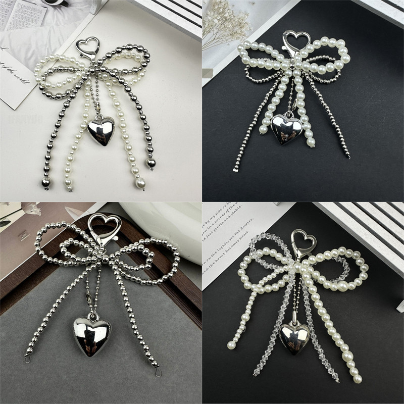 Double-layer Sweet Lovely Beaded Bowknot Heart Keychain Pent Hanging Decor Keyring Lanyard Phone Cha