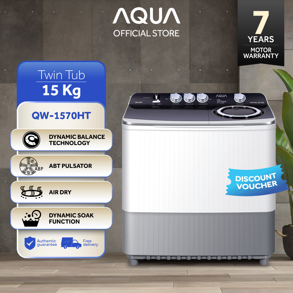 AQUA Elektronik Mesin Cuci Twin Tube 15 Kg QW-1570HT - Dynamic Balance Technology - ABT Pulsator - A