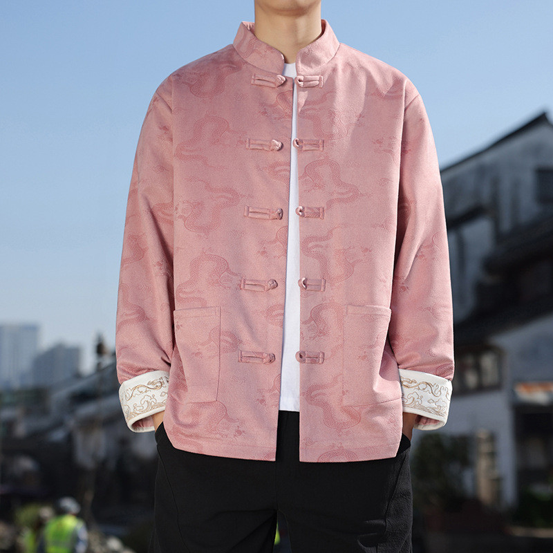 Jaket Retro Gaya Cina Pria Mantel Suede Cetak