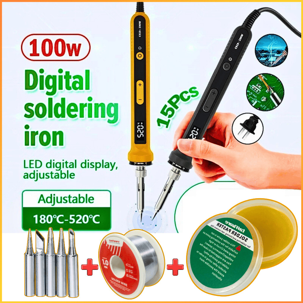 FAVORE COD ZIYAHI Solder Listrik LCD 100 Watt + Timah + Pasta Dengan 5 Pcs Mata Solder Set Lengkap O