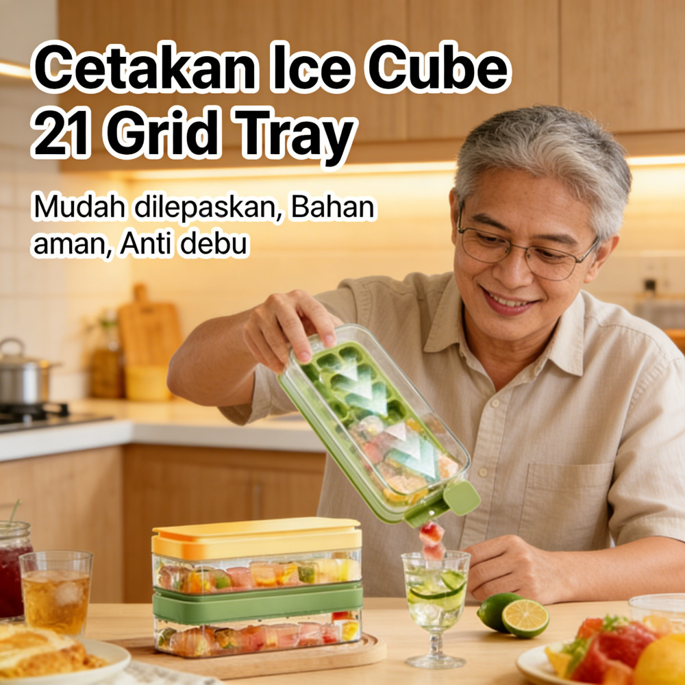 Grid 1 Tray Press Ice Cube 21 Batu Dengan Tutup /Ice Cube Container Kotak