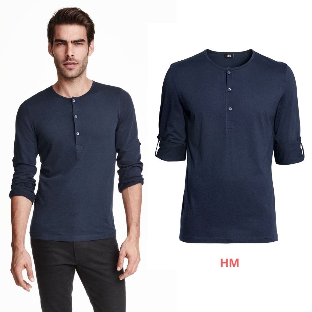 HM Men Henley T-Shirt - Kaos Pria Lengan Panjang Original - Dark Navy