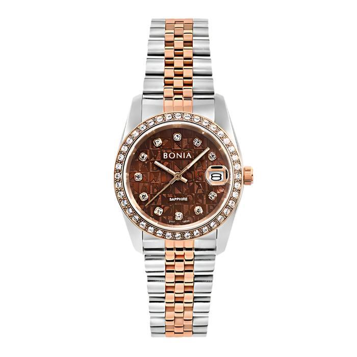 Jam Tangan Wanita Bonia Noble Brown Monogram Dial Stainless Steel Analog B10550-3646S Original