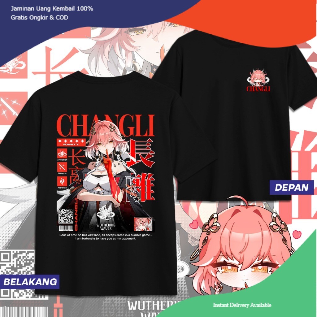 KAOS CHANGLI WUTHERING WAVES CHANGLI WUWA DB Kaos Anime Game Unisex Pria Wanita Atasan Wearhose