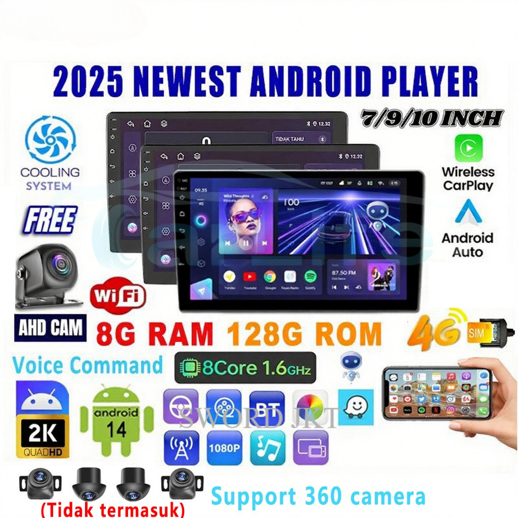 Head Unit Android 14 Universal Double Din 7 Inch Layar IPS 8GB 128GB Support Carplay Android Auto 4G