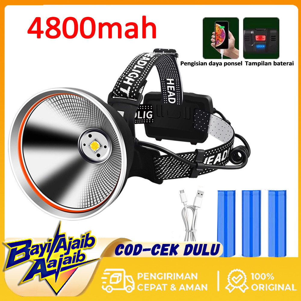 Senter Kepala 4800MAH Rechargeable Original Bergaransi Lampu USB Hiking Lampu Depan Jumbo Cahaya Kun