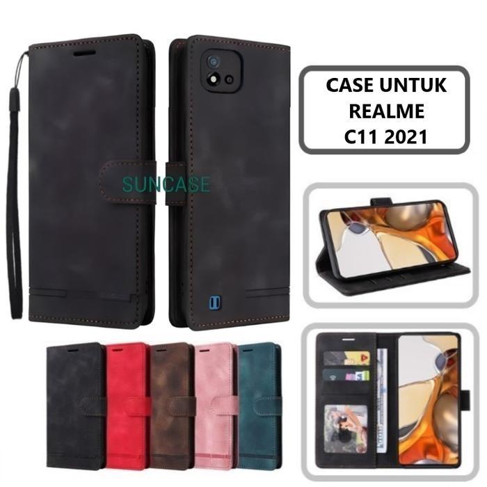 Case REALME C11 2021 model flip buka tutup casing standing ada tempat foto dan kartu juga tali hp - 