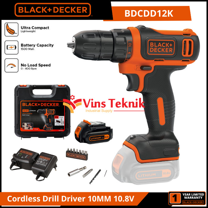 Black + Decker Mesin Bor Kayu Besi Baterai Cordless Drill Driver 10.8V BDCDD12K