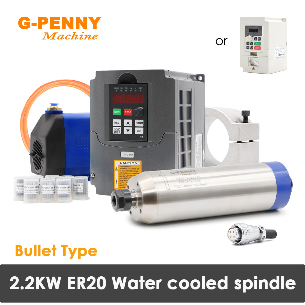 2.2KW ER20 Water Cooled spindle motor kit 220v/380v Bullet Type 4pcs bearings 2.2KW HY/QL Inverter 8