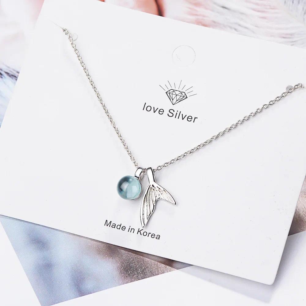 S925 Sterling Silver Women's Sapphire Bead Mermaid Tail Pent Necklace (40cm+3.5cm) Luxury Jewelry