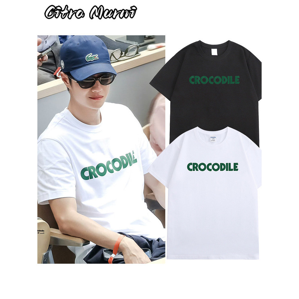 Citra Murni Kaos lengan pendek putih bergambar buaya dengan gaya serupa dari Wang Yibo, model couple