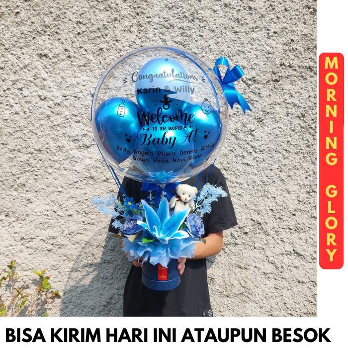 Buket Bouquet Balon Bunga + Boneka Mini - Morning Glory - Gold