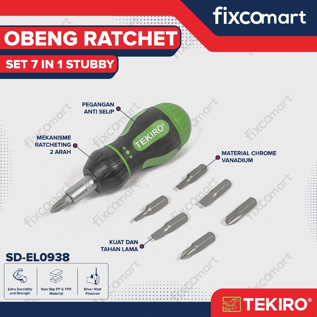 FAVORE Tekiro Obeng Ratchet Set 7 Pcs Stubby / Tekiro Stubby Ratchet & Bits 7 Pcs / Obeng Cebol