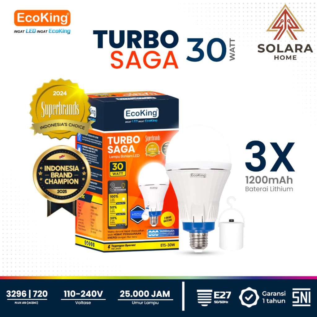 EcoKing Lampu LED Emergency 30W Turbo Saga ETS-30W Putih - Bohlam Darurat Cas 3 Level DC