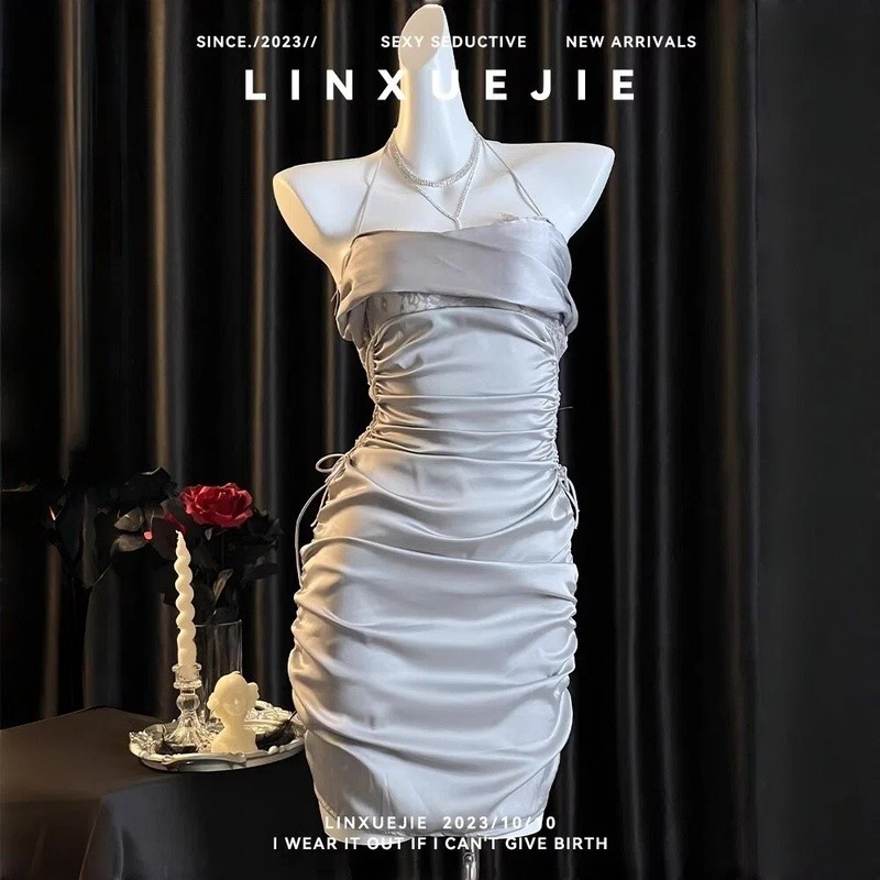 LINXUEJIE COD Dress Tidur Seksi Wanita Satin Slim Fit Serut Mini