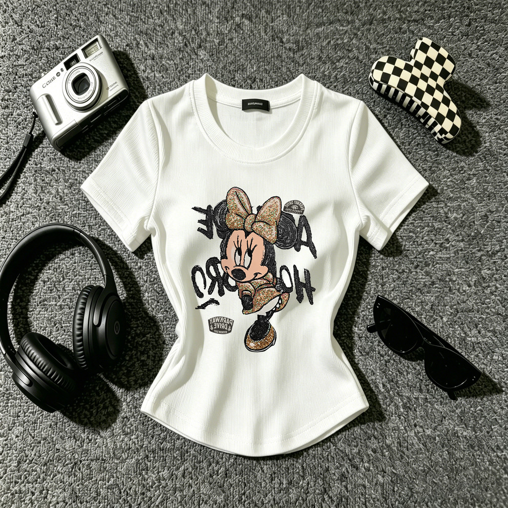 Kaos Wanita Bodyfit Crop Top Lengan Pendek/Panjang Print Kartun Minnie Mouse OOTD Street Style Hijab