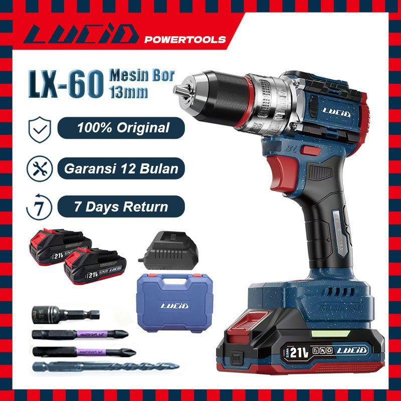 LUCID LX-60 Cordless Mesinbor 13MM 2.0A 21V lithium battery impact drill brushless baterai