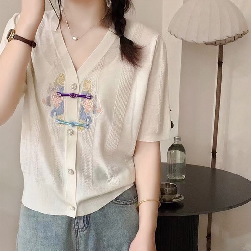 Kaos lengan pendek sutra es kardigan tipis atasan wanita