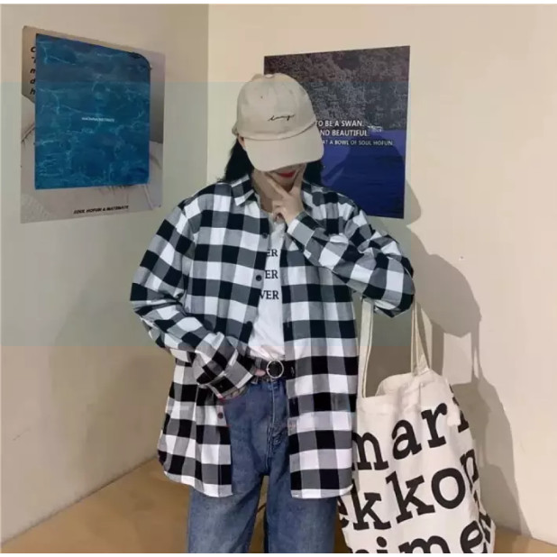 KEMEJA MOTIF KOTAK OVERSIZE PANJANG OOTD FIT TO XXL KEMEJA WANITA KOREA POLOS MOTIF KOTAK KOTAK OVER